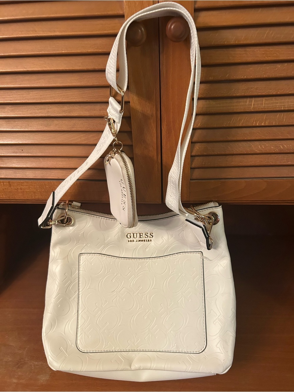 GUESS White Embossed Logo Shoulder Bag with Coin Pouch